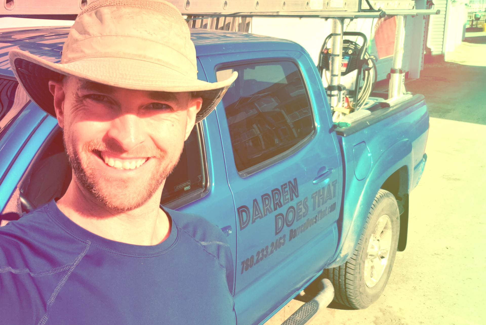 Just a Darren and his bright blue gutter cleaning truck
