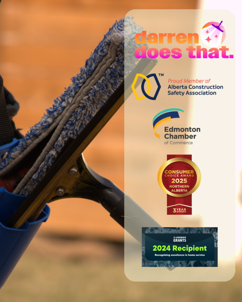 Watts 2.0 Tutorial: Unlock Your Permanent Christmas Lights 12 a closeup image of a squeegee and mop in a belt bucket with overlaid logos showing that Darren Does That is a member of the Alberta Construction Safety Association, the Edmonton Chamber of Commerce, a three year winner of the Consumer Choice Award in Window Cleaning, and received a Jobber Grant for providing exceptional home services.