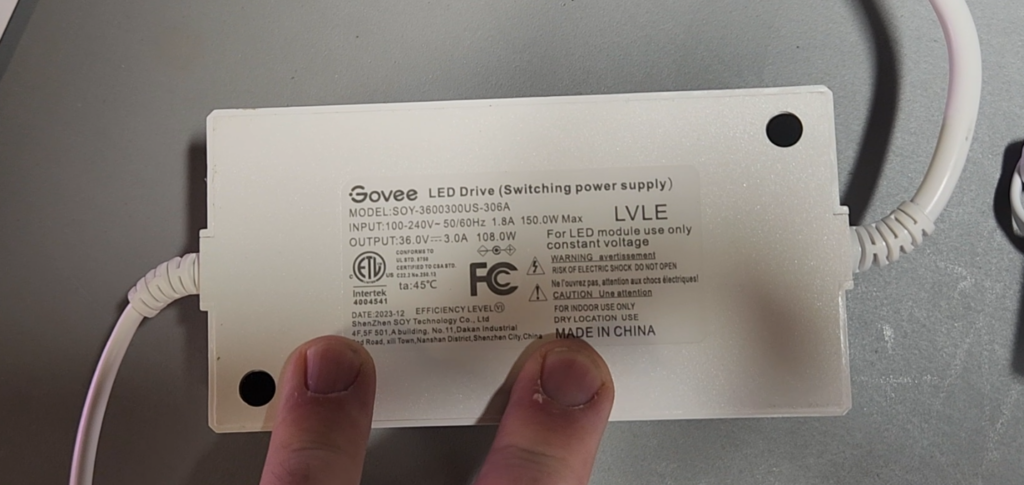 Govee Permanent Outdoor Lights Pro LED Driver with 108 Watt output, also listed for Indoor Use Only.