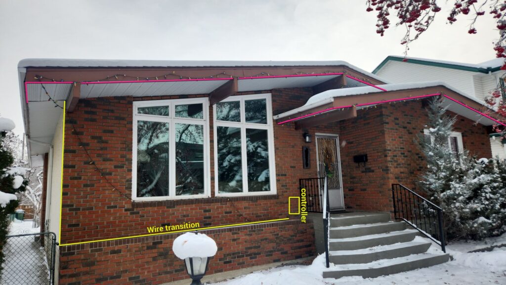 A house in Bonnie Doon in edmonton that has a higher cost to install permanent christmas lights than one would expect based on the amount of light needed. It has exposed beams that extend all the way out to the fascia meaning the lighting channel must be cut into smaller lengths with transitions.