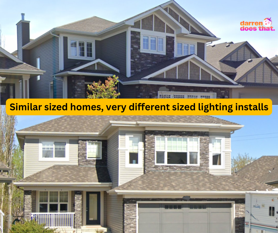 Two Edmonton Homes of comparable size showing very different rooflines demonstrating that when answering how much does it cost to install permanent Christmas lights that there are more factors at play than square footage.