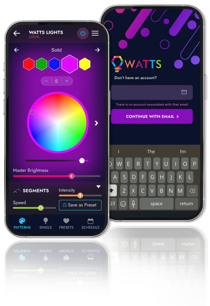 Samples of the Watts 2.0 Application displayed on two smart phone screens. The application is purple themed, and designed with a professional eye.