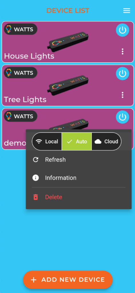Watts 2.0 Tutorial: Unlock Your Permanent Christmas Lights 3 Watts 2.0 Tutorial three dot menu display showing connectivity options for permanent christmas lights