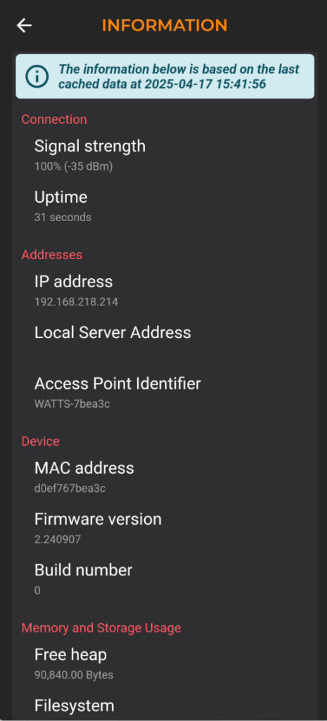 Watts 2.0 Tutorial: Unlock Your Permanent Christmas Lights 4 Watts 2.0 Tutorial Information screen showing signal strength, and firmware version