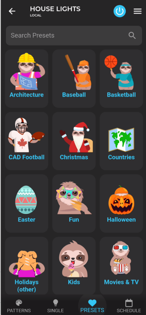 Watts 2.0 Tutorial: Unlock Your Permanent Christmas Lights 5 Watts 2.0 Tutorial Presets Screen showing categories of presets available for permanent christmas lights