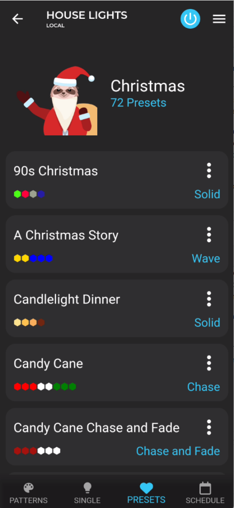 Watts 2.0 Tutorial: Unlock Your Permanent Christmas Lights 6 watts 2.0 tutorial Christmas Presets screen showing various patterns and animations available.
