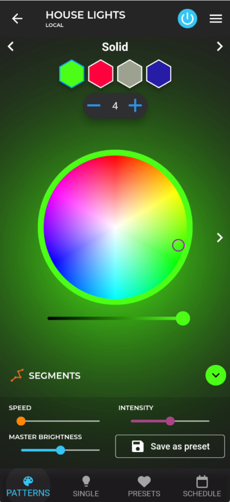 Watts 2.0 Tutorial: Unlock Your Permanent Christmas Lights 7 Watts 2.0 Tutorial Patterns Tab with colour control, animation selection, brightness and speed control, and preset saving.