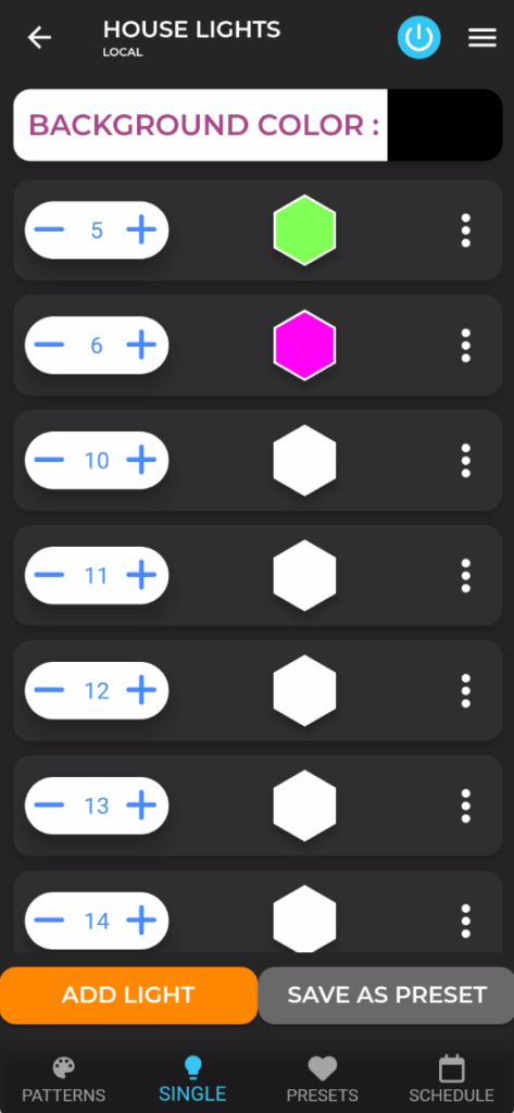 Watts 2.0 Tutorial: Unlock Your Permanent Christmas Lights 8 Watts 2.0 Tutorial Single Bulb Control interface showing background colour selection and individual light controls