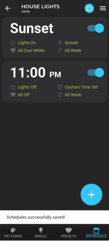 Watts 2.0 Tutorial: Unlock Your Permanent Christmas Lights 11 Watts 2.0 Tutorial page showing a completed schedule that comes on at sunset and turns off at 11pm