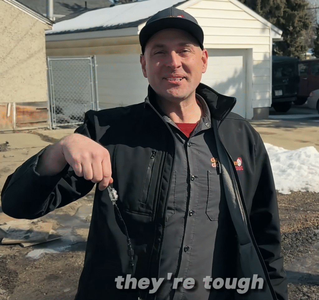 Darren Steele, CEO of Darren Does That holds a Watts Permanent Christmas Light in a back alley in Edmonton, thrilled they survived getting run over by a van.