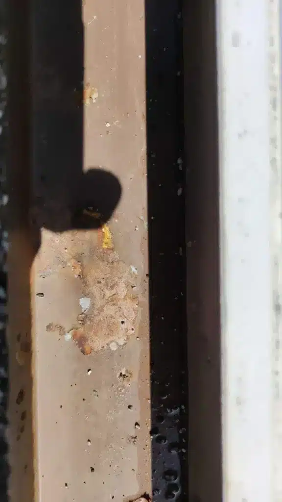 Dirty window track with debris and stains